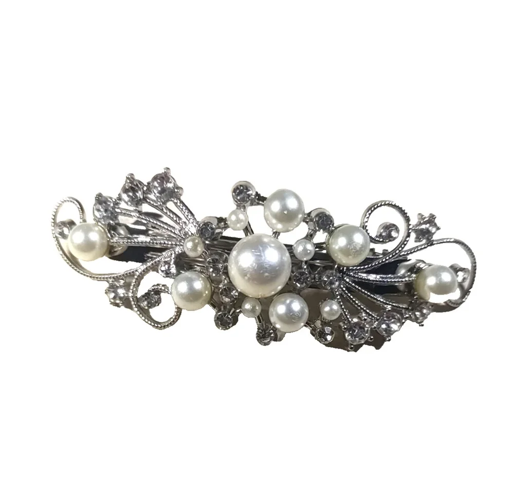 Moon And Stars Hair Barrettes Tension Clip Faux Pearls Rhinestone Silver Tone...